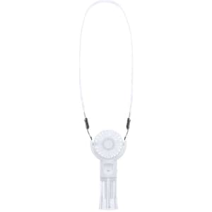 A portable white hanging fan with a lanyard, designed for hands-free use, featuring a logo.