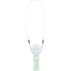 A portable, lightweight vaporiser fan in clear plastic with green accents and a neck strap.