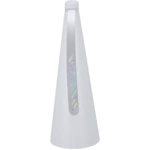A white fly repellent fan with a sleek design and a silver decorative panel. It features a logo on the side.