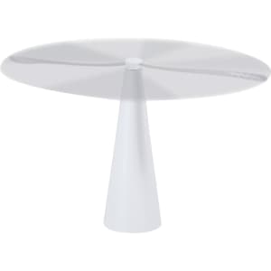 A white fly repellent fan with a conical base and a circular top. It features a sleek, modern design.
