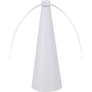 A white fly repellent fan with a conical shape and a wire frame. It has a minimalistic design and features a logo.