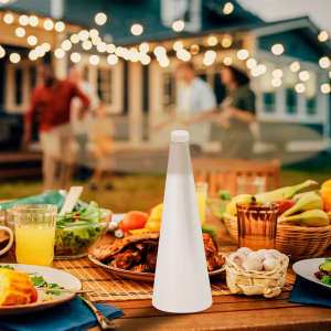 A white cone-shaped fly repellent fan placed on a picnic table with food, set in an outdoor gathering with lights.