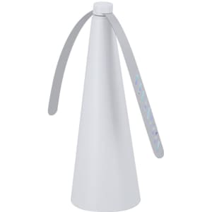 A white outdoor fly repellent fan with two grey blades, designed for leisure and outdoor use.