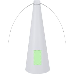 A white fly repellent fan with a conical shape and two curved wires on top, featuring a blank area on the body.