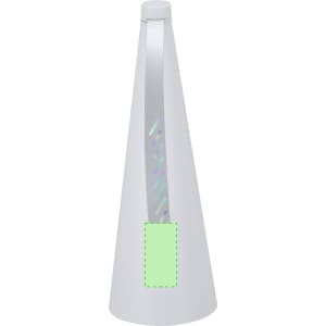 A white fly repellent fan with a streamlined design, featuring a reflective strip and a square section.