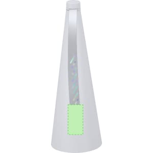 A cone-shaped fly repellent fan in white, featuring a green section and a silver handle.