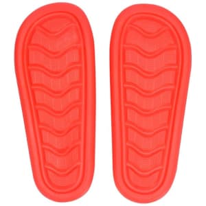 A pair of bright red flip flops with a textured sole. The product features a logo on one side.