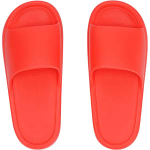 A pair of bright red Ridel flip flops with a simple, flat design and no visible logos.