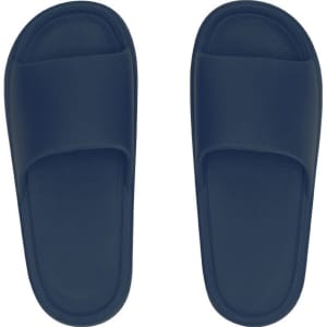 Navy blue flip flops with a simple, flat design and a single strap across the top. Contains branding.