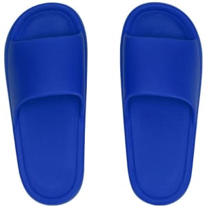 Royal blue flip flops with a simple design, featuring a broadened strap and a logo on the side.