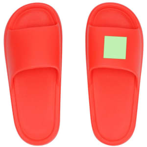 Bright red flip flops with a sleek design and a small green square on one side. Features a logo.