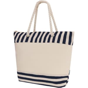 A striped cooler bag featuring navy and cream colours with rope handles and a zip closure. Contains a logo.