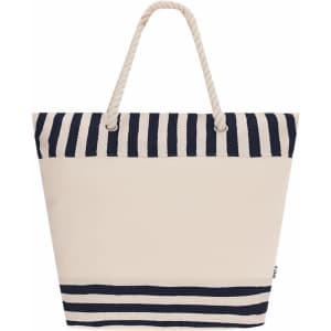 A cream cooler bag with navy striped accents and rope handles. It features a logo on the side.