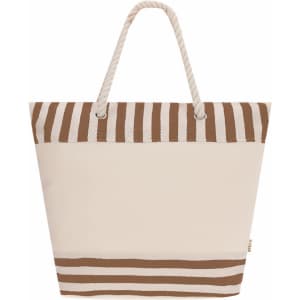A striped thermal bag in cream and brown with rope handles, featuring a logo.