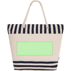 A large beige thermal bag with navy striped detailing and rope handles, featuring a blank area for branding.