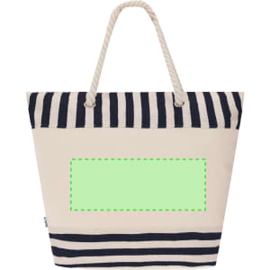 A striped thermal bag in navy and cream, featuring rope handles and a blank area, with a logo on one side.