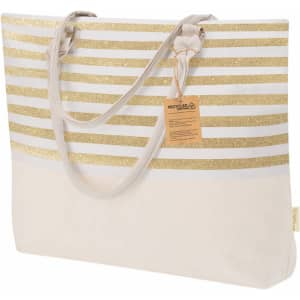 A tote bag featuring cream and gold stripes with a textured finish, complete with sturdy handles and a tag.