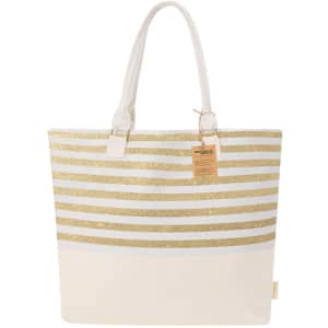 A tote bag featuring white and gold stripes with a solid white base, complemented by a logo.