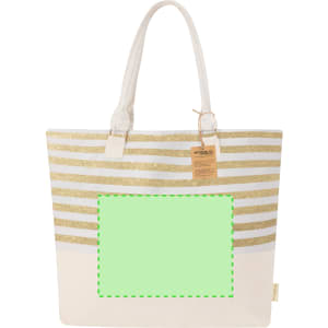 A tote bag featuring horizontal gold stripes on a white background, equipped with handles and a blank area for personalisation.