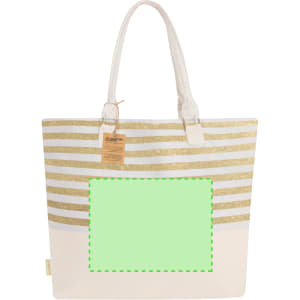A tote bag in cream with gold striped detailing and a green blank space, featuring sturdy handles.