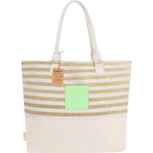A tote bag featuring gold and white stripes with a solid cream bottom and a blank green square. It has two handles and a branding logo.