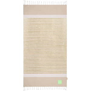 A striped bath towel in beige and cream with untasseled edges and a small logo.