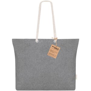 A grey tote bag with rope handles, featuring a tag and a subtle branding logo.
