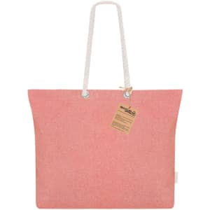 A pink tote bag with a rope handle and a tag. The bag features a simple design and a fabric texture.