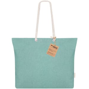 A teal tote bag with a rope handle and a tag attached, featuring a simple and modern design.
