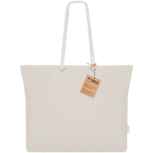 A cream-coloured tote bag with rope handles and a tag, featuring a simple design and no visible branding.