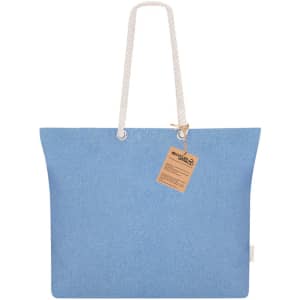 A light blue tote bag with rope handles and a tag. It features a simple and stylish design.