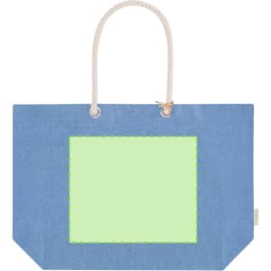 A blue tote bag with a green stitched rectangle and rope handles, featuring a logo.