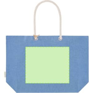 A blue tote bag with a green stitched frame, featuring rope handles and a simple design.