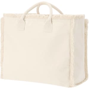 A tote bag in cream with fringe detailing on the sides and top, featuring sturdy handles and a simple design.