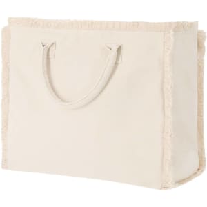 A cream-coloured tote bag with fringe detailing and sturdy handles. The bag features a logo on one side.