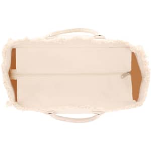A beige tote bag with frayed edges and a zippered compartment, featuring sturdy handles and a plain interior.