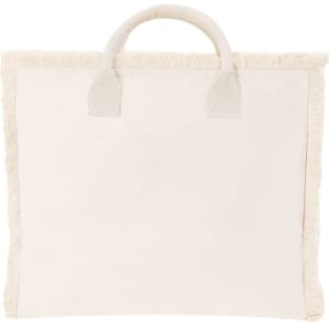 A white tote bag with fringe details and two handles, featuring a logo.
