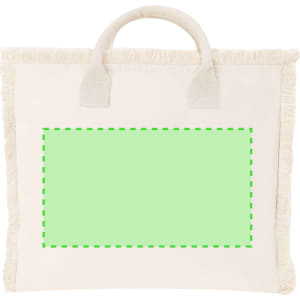 A cream tote bag with frayed edges and a blank green rectangle for customisation. It has sturdy handles for carrying.