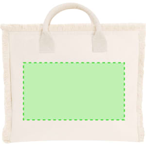 A tote bag in cream colour with a fringed edge and a green placeholder area for branding.