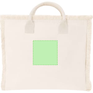 A cream tote bag with fringed edges and dual handles, featuring a green square design area.