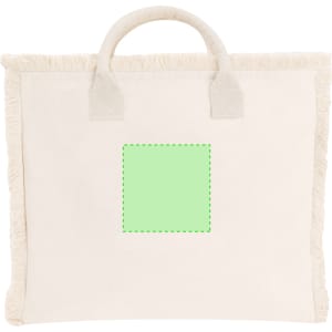 A cream tote bag with fringed edges and a blank green square for branding or personalisation.