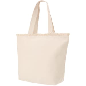 A beige tote bag with a fringed top edge and sturdy handles. The bag features a logo on the side.