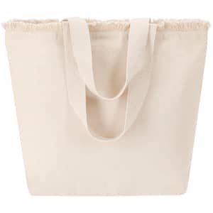 A beige tote bag with frayed edges and sturdy handles, featuring a simple design and a logo.