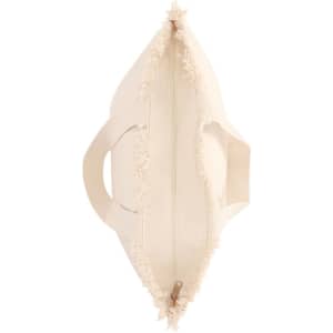 A cream-coloured tote bag with a zip closure and frayed edges, featuring sturdy handles and a logo.