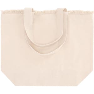 A beige tote bag with sturdy handles and a textured top edge. The bag features a simple design with no visible branding.