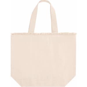 A cream tote bag with fringed edges and two sturdy handles, featuring a logo.