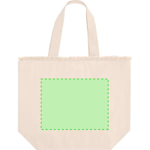 A natural-coloured tote bag with frayed edges and a blank green area for branding or design.