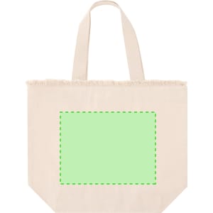 A beige tote bag with frayed edges and a large green area for customization. It features sturdy handles and a logo.
