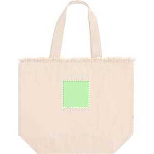 A cream tote bag with a green square outline and frayed top edges. It has two handles and no visible branding.