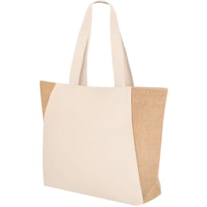A tote bag in cream and natural jute, featuring a simple design and sturdy handles. It includes a branding logo.